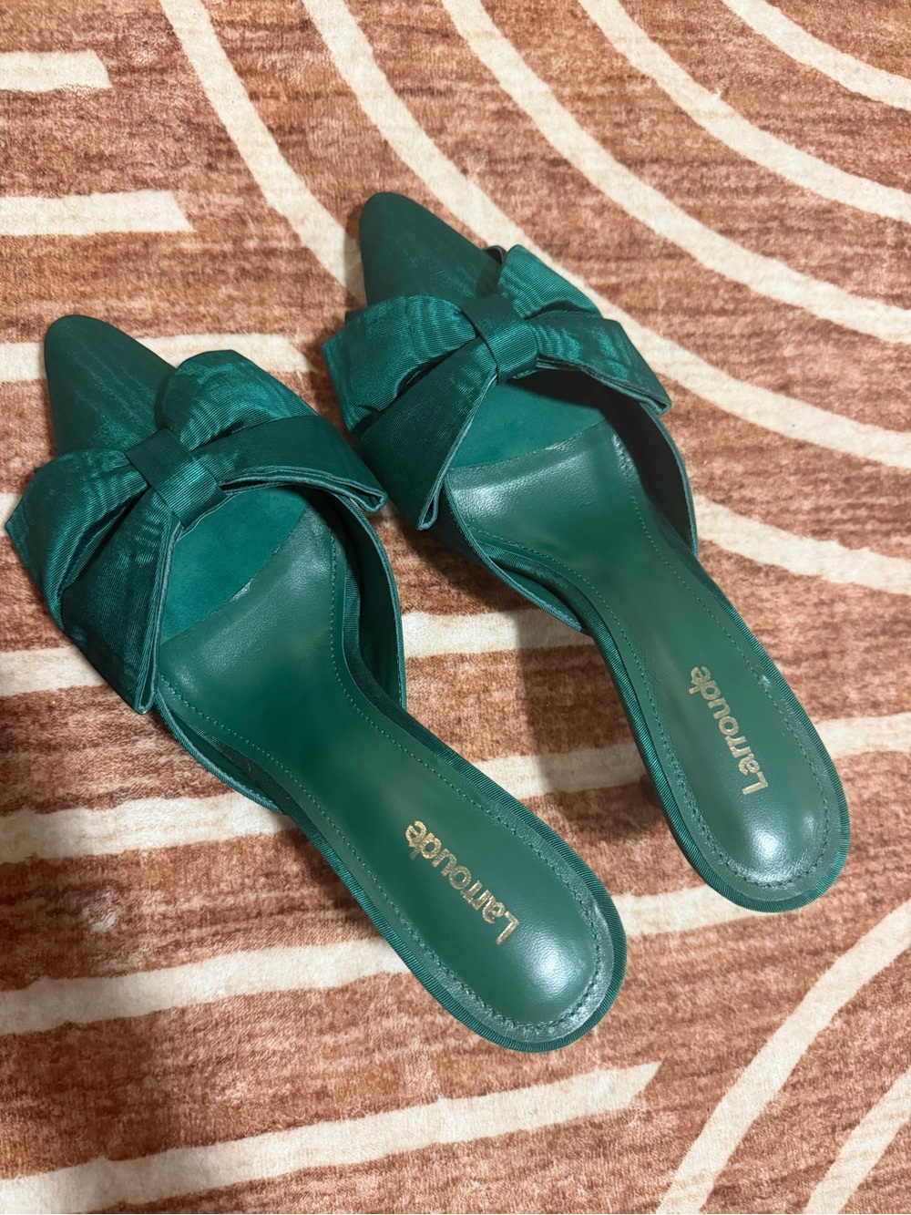 Larroude Emerald Green Satin Bow Pointed-Toe Mule (New in Box)
